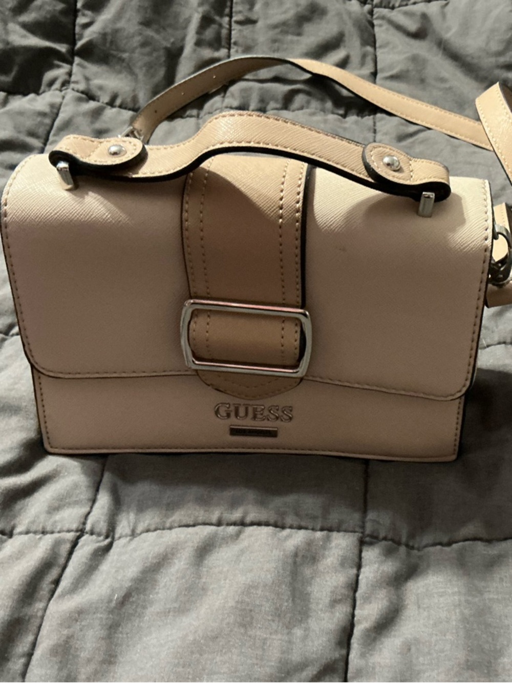 GUESS Beige/Tan Crossbody Satchel with Buckle Detail